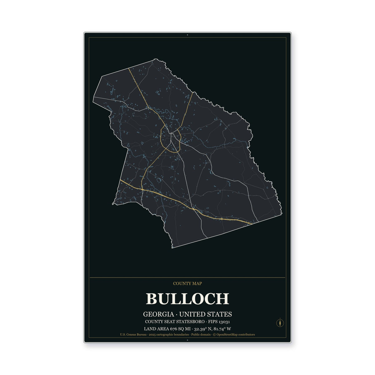 Bulloch County, Georgia Map Aluminum Sign in Metropolitan Noir style