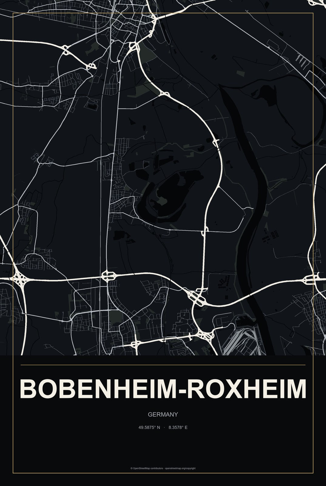 Bobenheim-Roxheim, Germany City Map Aluminum Sign in Metropolitan Noir style