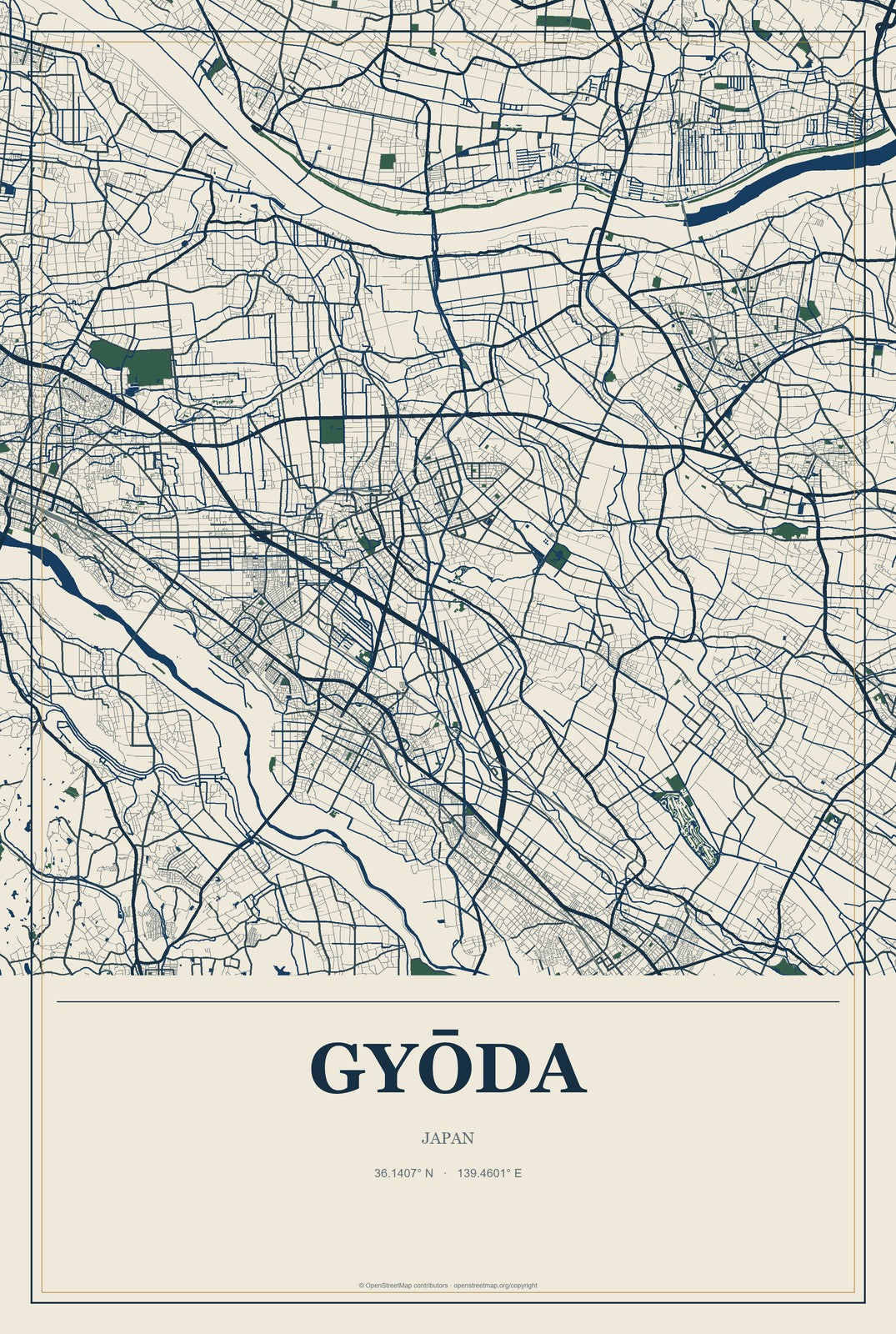 Gyōda, Japan City Map Aluminum Sign in Coastal Cutout style