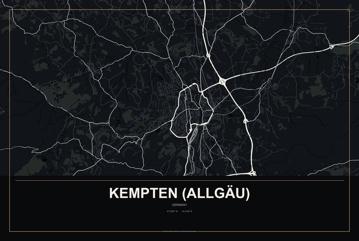 Kempten (Allgäu), Germany City Map Aluminum Sign in Metropolitan Noir style