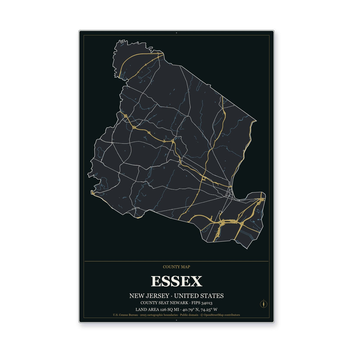 Essex County, New Jersey Map Aluminum Sign in Metropolitan Noir style