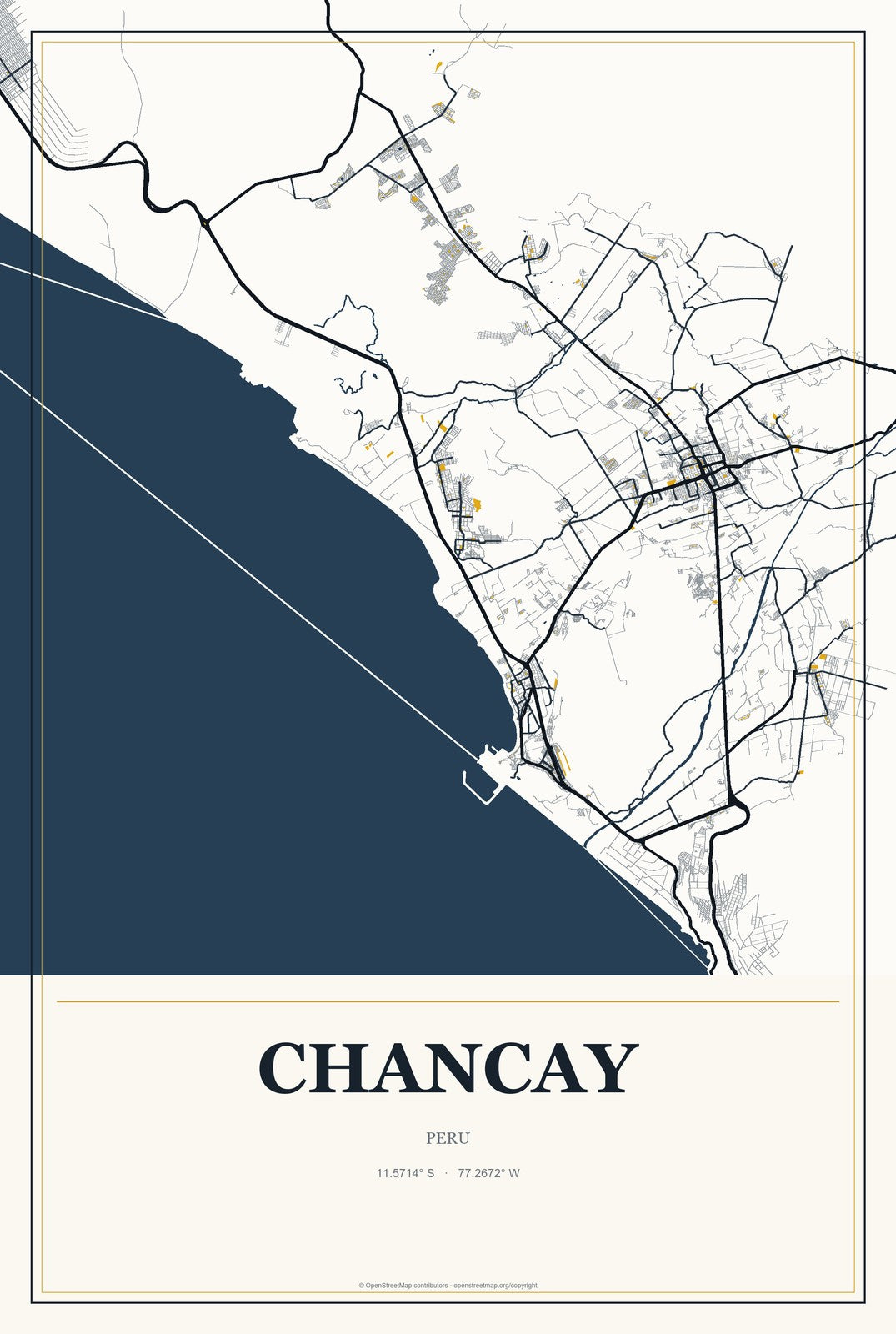 Chancay, Peru City Map Aluminum Sign in Citrine Modern style