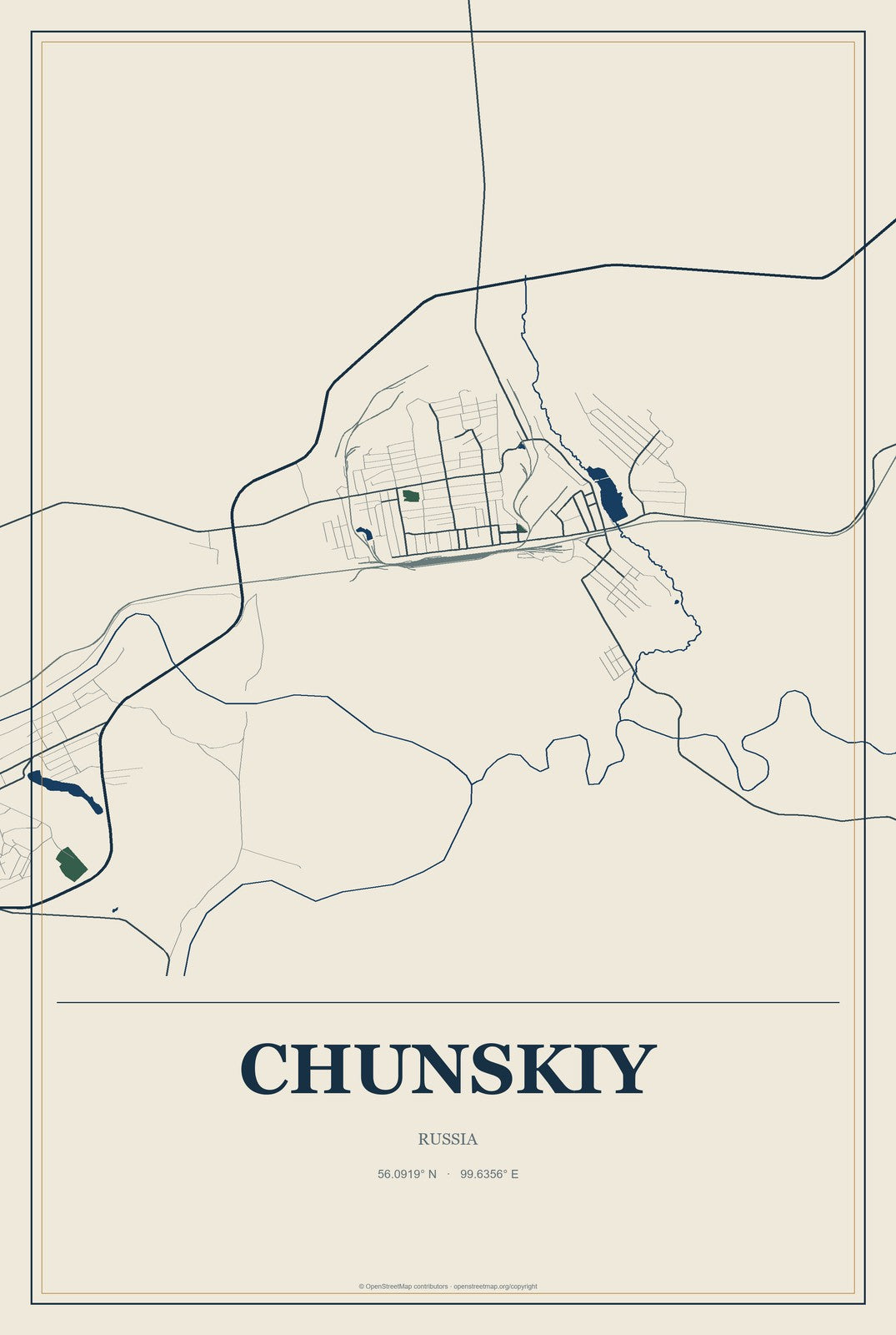 Chunskiy, Russia City Map Aluminum Sign in Coastal Cutout style