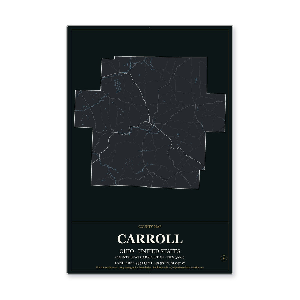 Carroll County, Ohio Map Aluminum Sign in Metropolitan Noir style