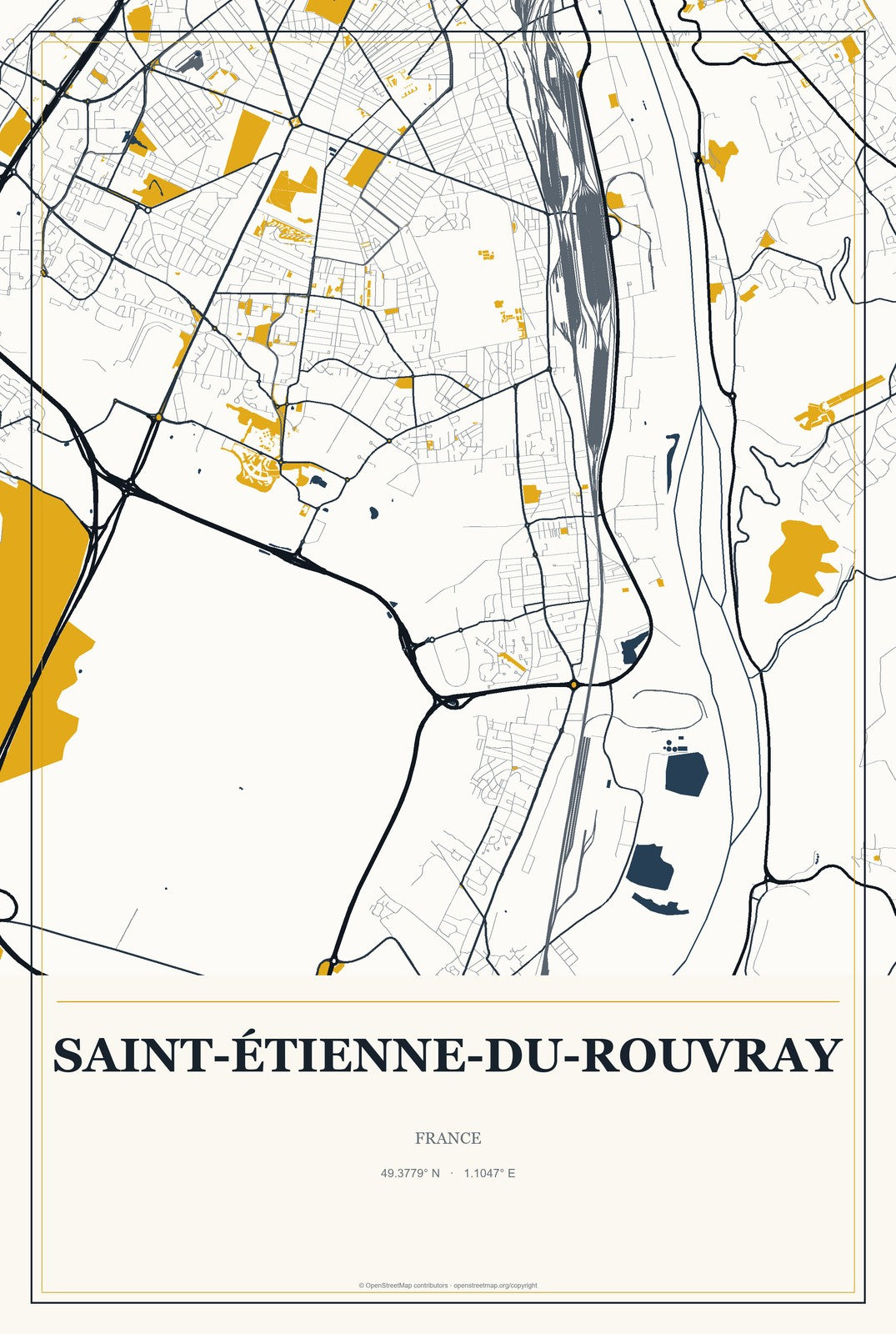 Saint-Étienne-du-Rouvray, France City Map Aluminum Sign in Citrine Modern style