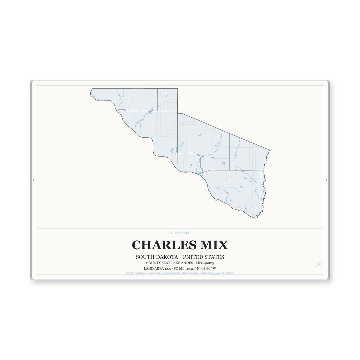 Charles Mix County, South Dakota Map Aluminum Sign in Gallery Air style