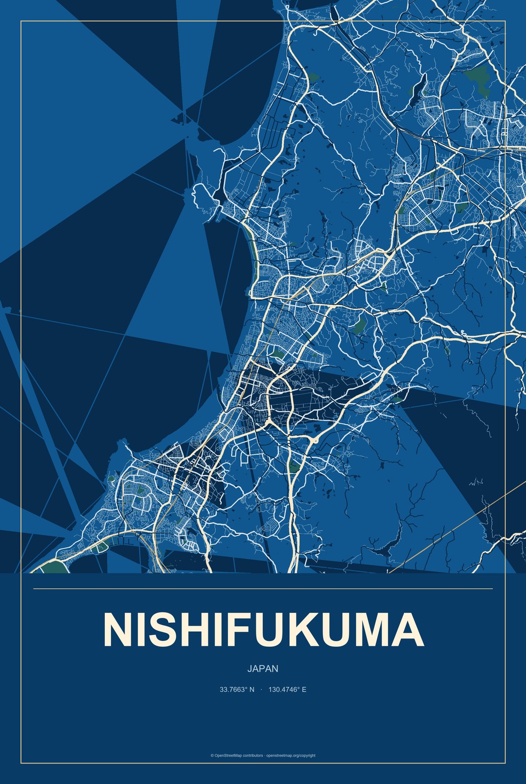 Nishifukuma, Japan City Map Aluminum Sign in Harbor Cobalt style