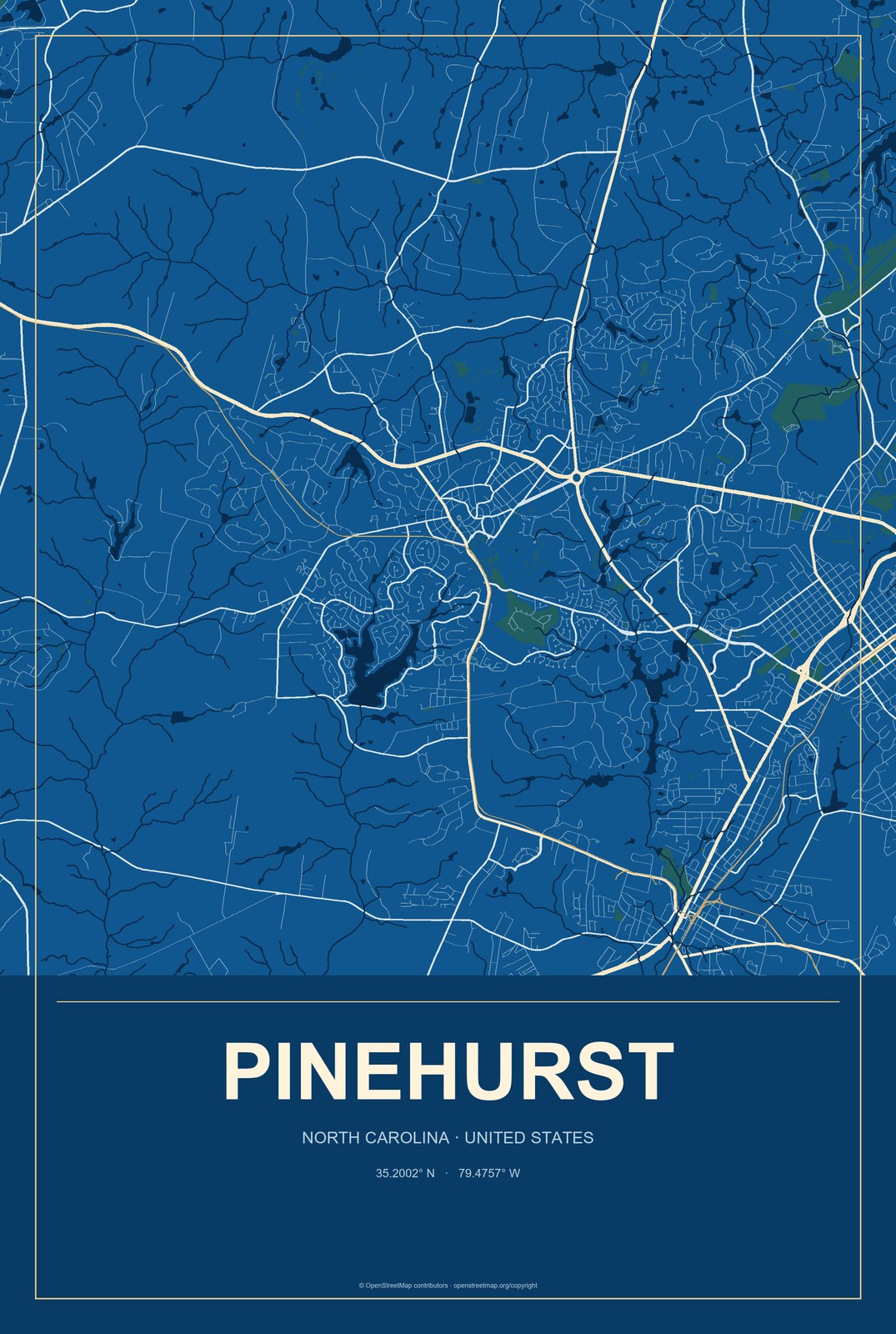 Pinehurst, North Carolina City Map Aluminum Sign in Harbor Cobalt style
