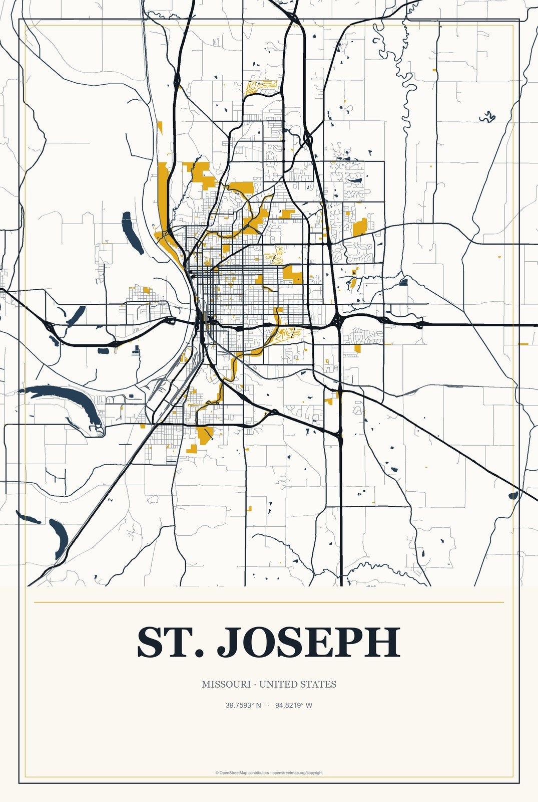 St. Joseph, Missouri City Map Aluminum Sign in Citrine Modern style