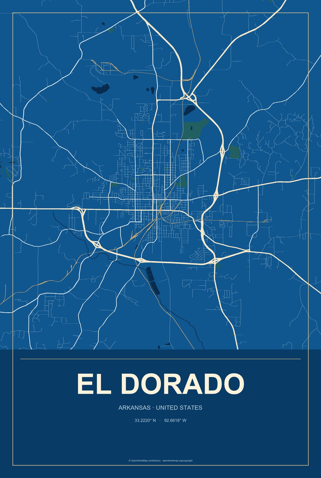 El Dorado, Arkansas City Map Aluminum Sign in Harbor Cobalt style