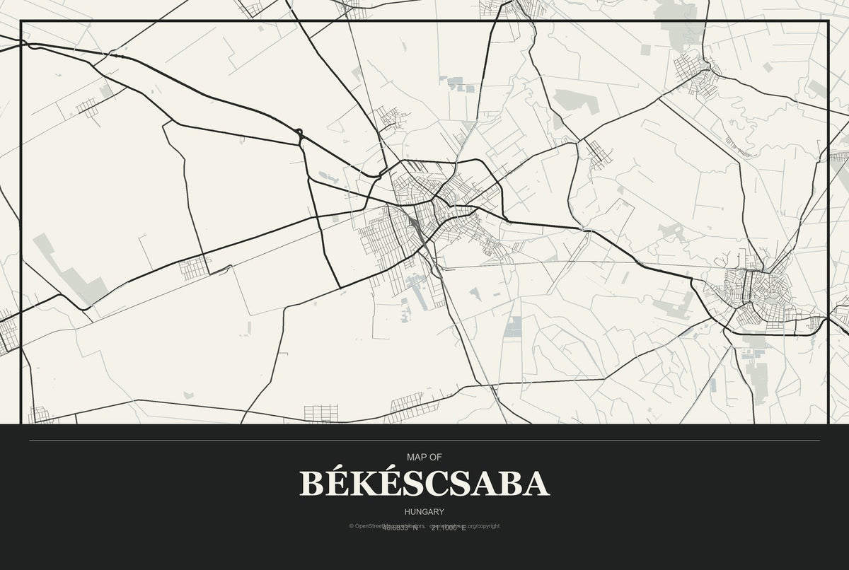 Békéscsaba, Hungary City Map Aluminum Sign in Museum Plaque style