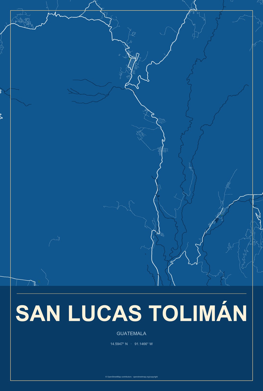 San Lucas Tolimán, Guatemala City Map Aluminum Sign in Harbor Cobalt style