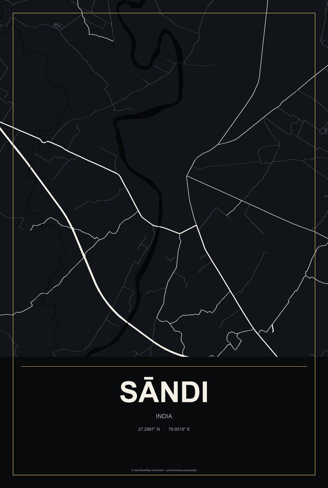 Sāndi, India City Map Aluminum Sign in Metropolitan Noir style