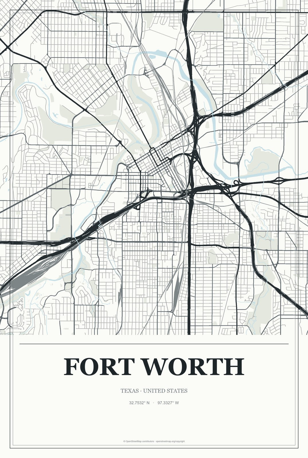 Fort Worth, Texas City Map Aluminum Sign in Gallery Air style