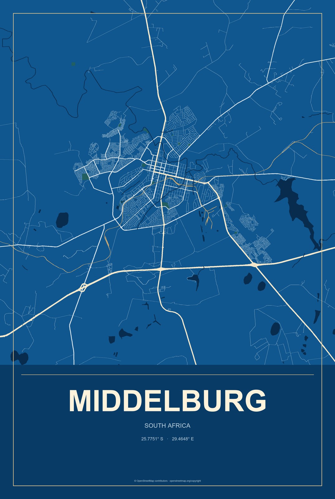 Middelburg, Eastern Cape, South Africa City Map Aluminum Sign in Harbor Cobalt style