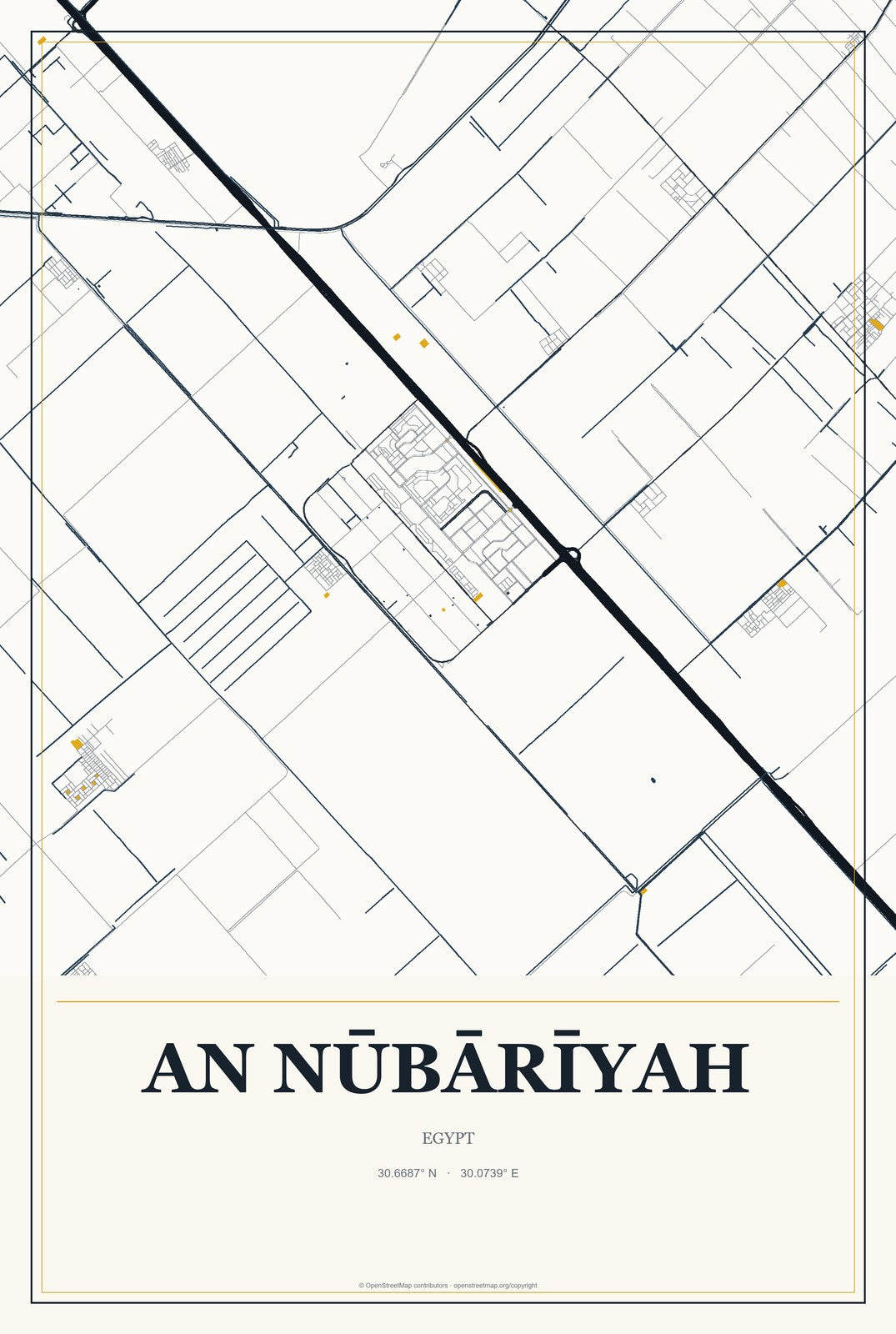An Nūbārīyah, Egypt City Map Aluminum Sign in Citrine Modern style