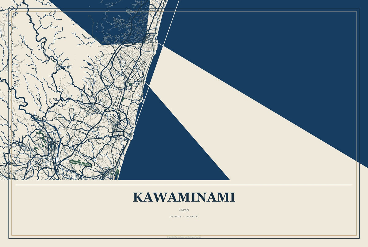 Kawaminami, Japan City Map Aluminum Sign in Coastal Cutout style