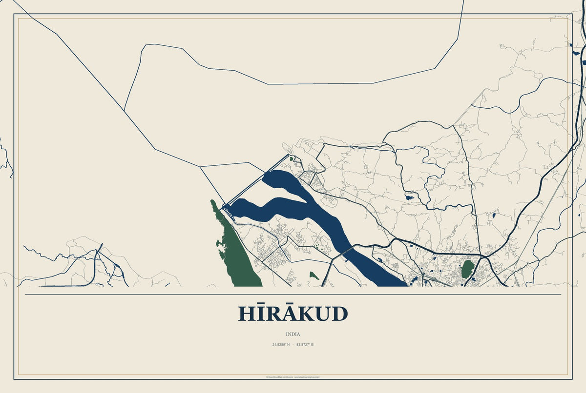Hīrākud, India City Map Aluminum Sign in Coastal Cutout style