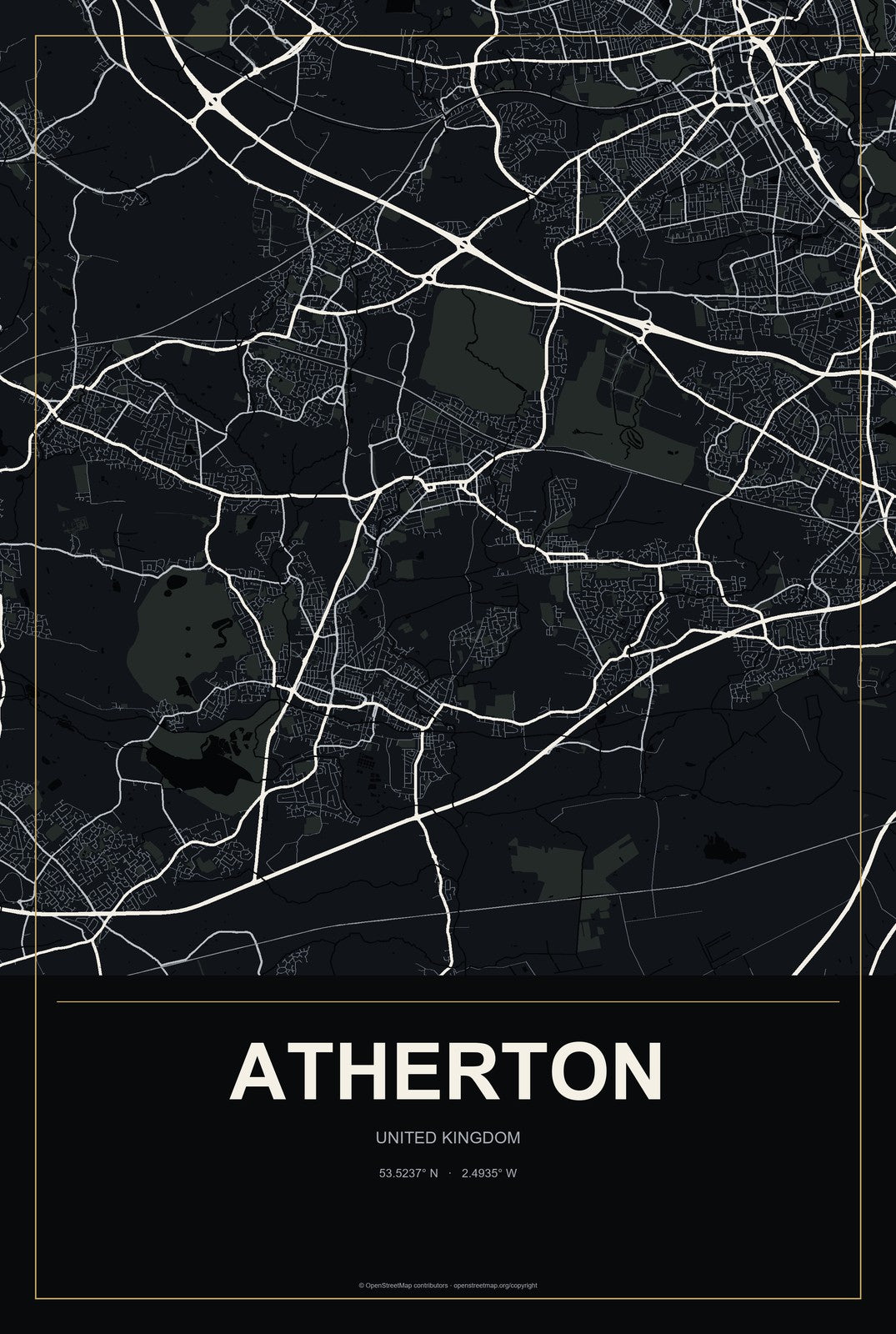 Atherton, United Kingdom City Map Aluminum Sign in Metropolitan Noir style