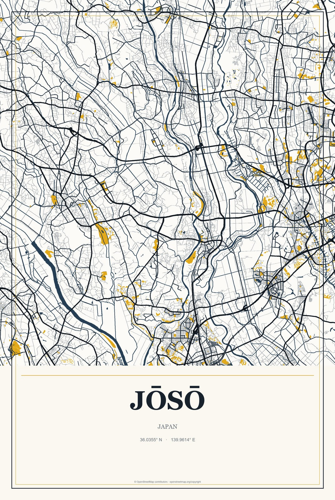 Jōsō, Japan City Map Aluminum Sign in Citrine Modern style