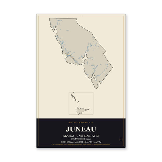 Juneau City and Borough, Alaska Map Aluminum Sign in Museum Plaque style