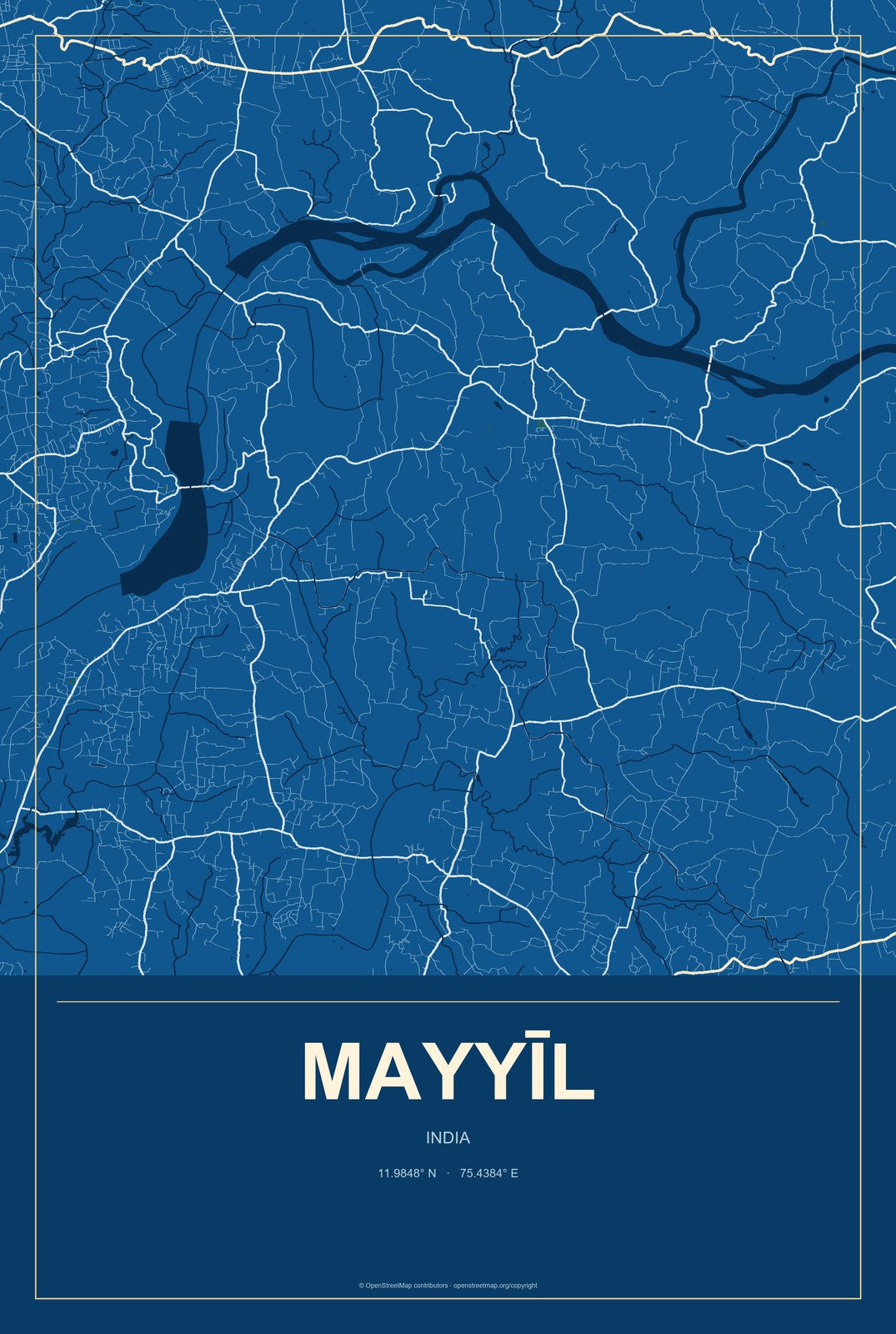 Mayyīl, India City Map Aluminum Sign in Harbor Cobalt style