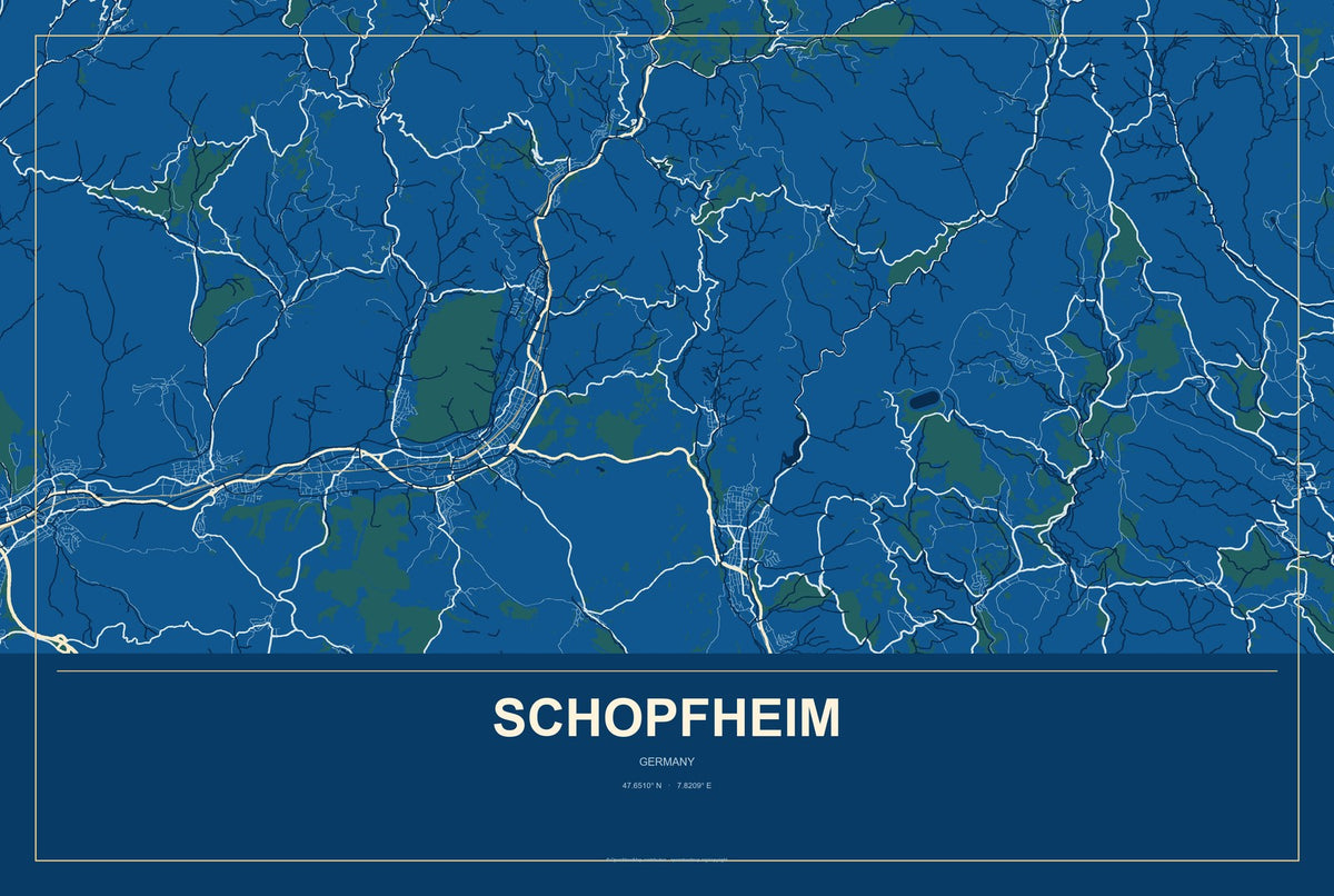 Schopfheim, Germany City Map Aluminum Sign in Harbor Cobalt style