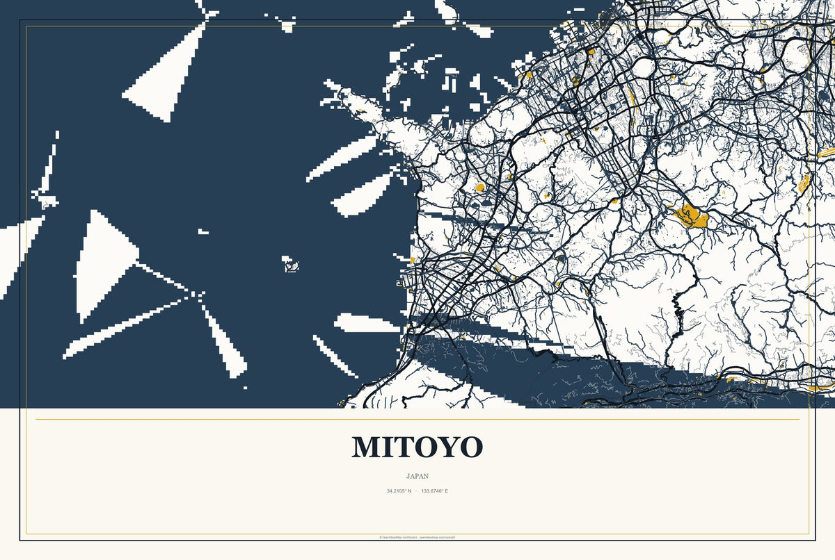 Mitoyo, Japan City Map Aluminum Sign in Citrine Modern style