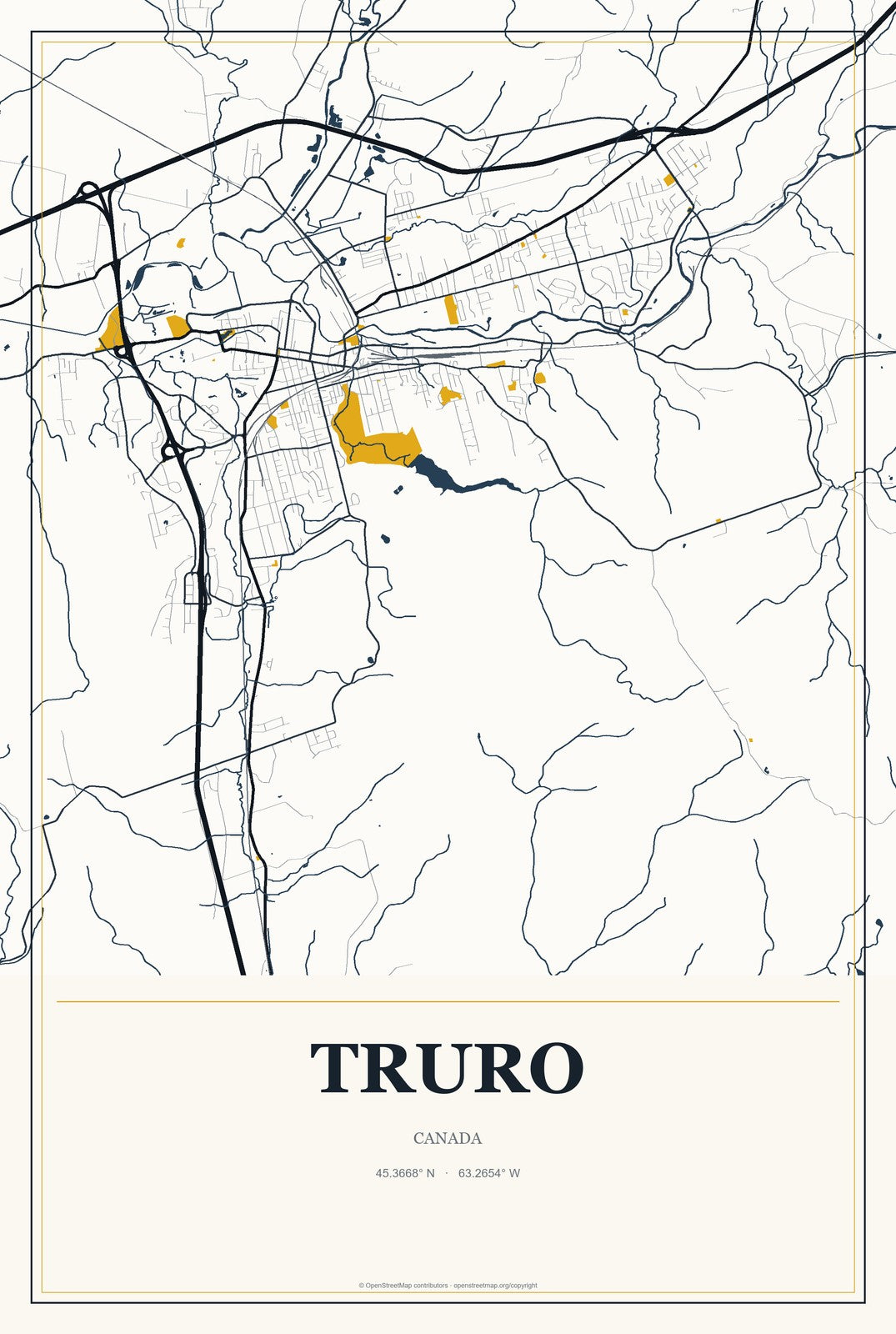 Truro, Canada City Map Aluminum Sign in Citrine Modern style