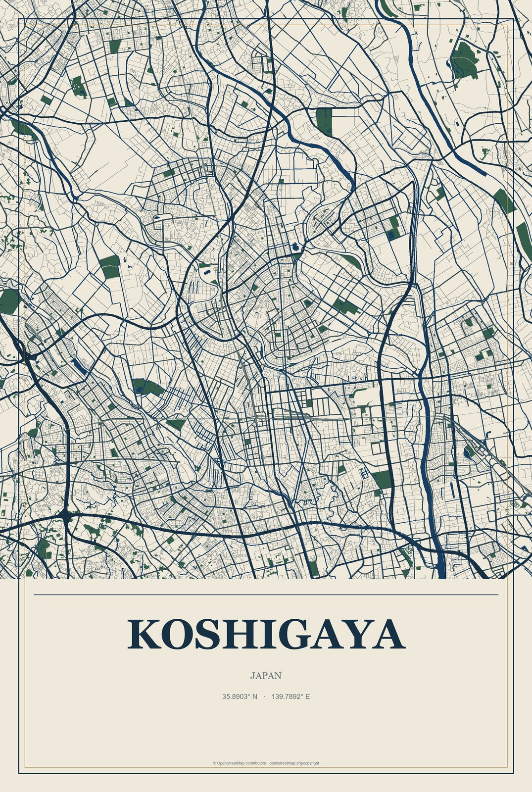 Koshigaya, Japan City Map Aluminum Sign in Coastal Cutout style