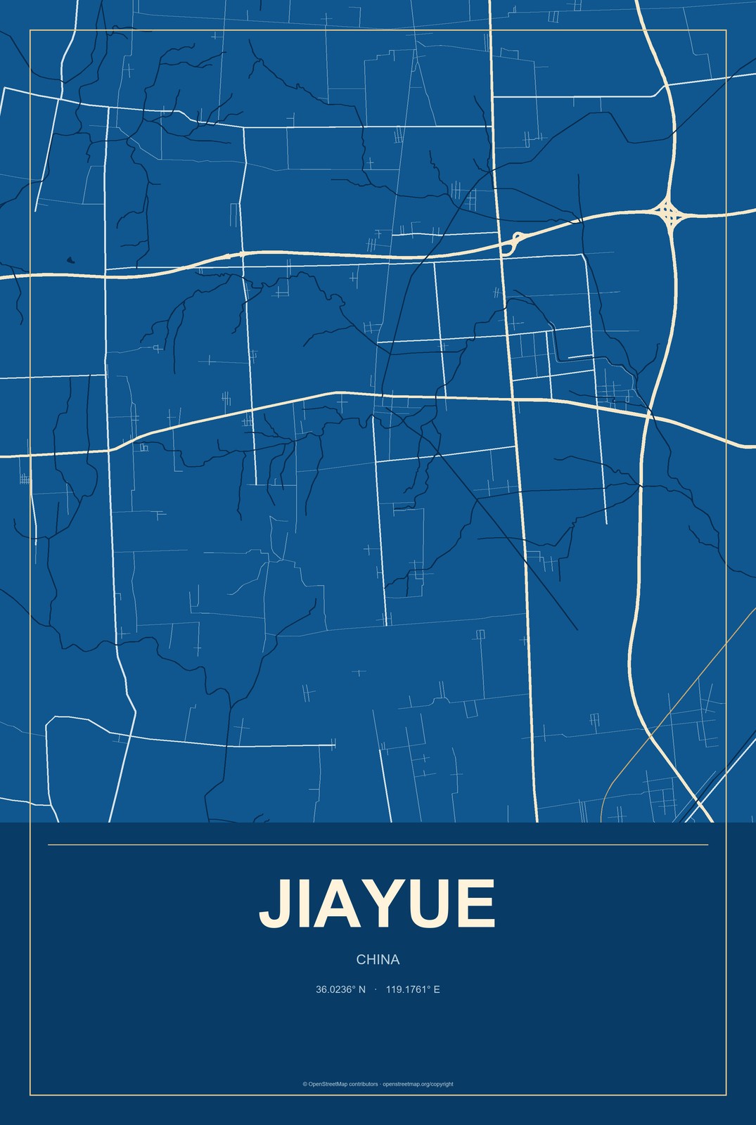 Jiayue, China City Map Aluminum Sign in Harbor Cobalt style