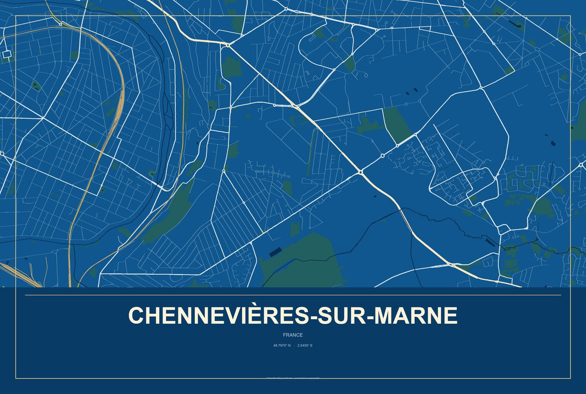 Chennevières-sur-Marne, France City Map Aluminum Sign in Harbor Cobalt style