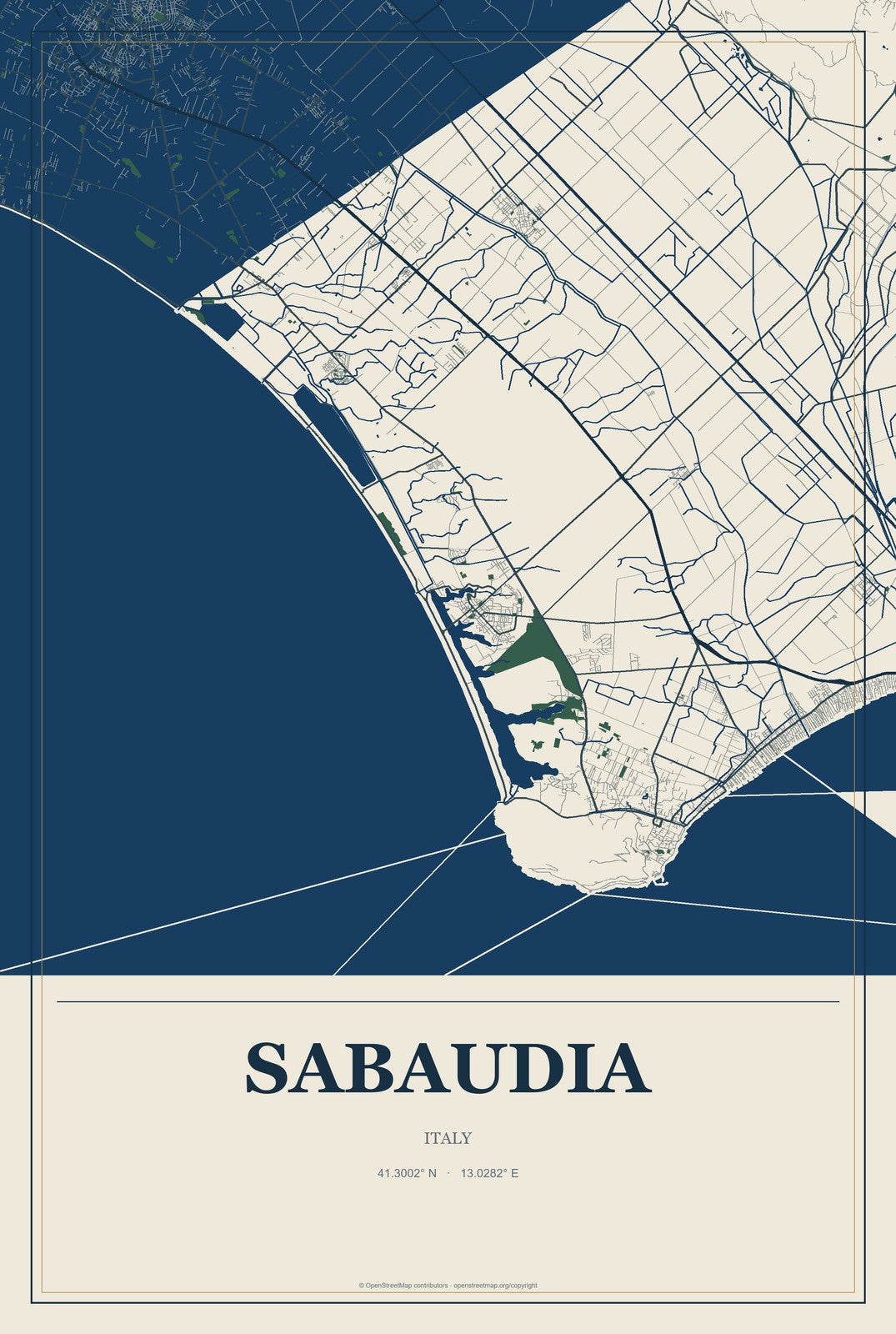 Sabaudia, Italy City Map Aluminum Sign in Coastal Cutout style