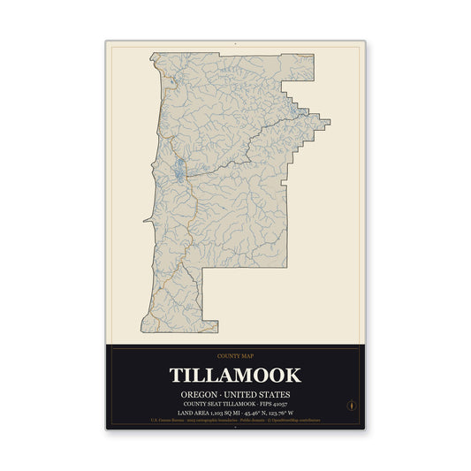 Tillamook County, Oregon Map Aluminum Sign in Museum Plaque style