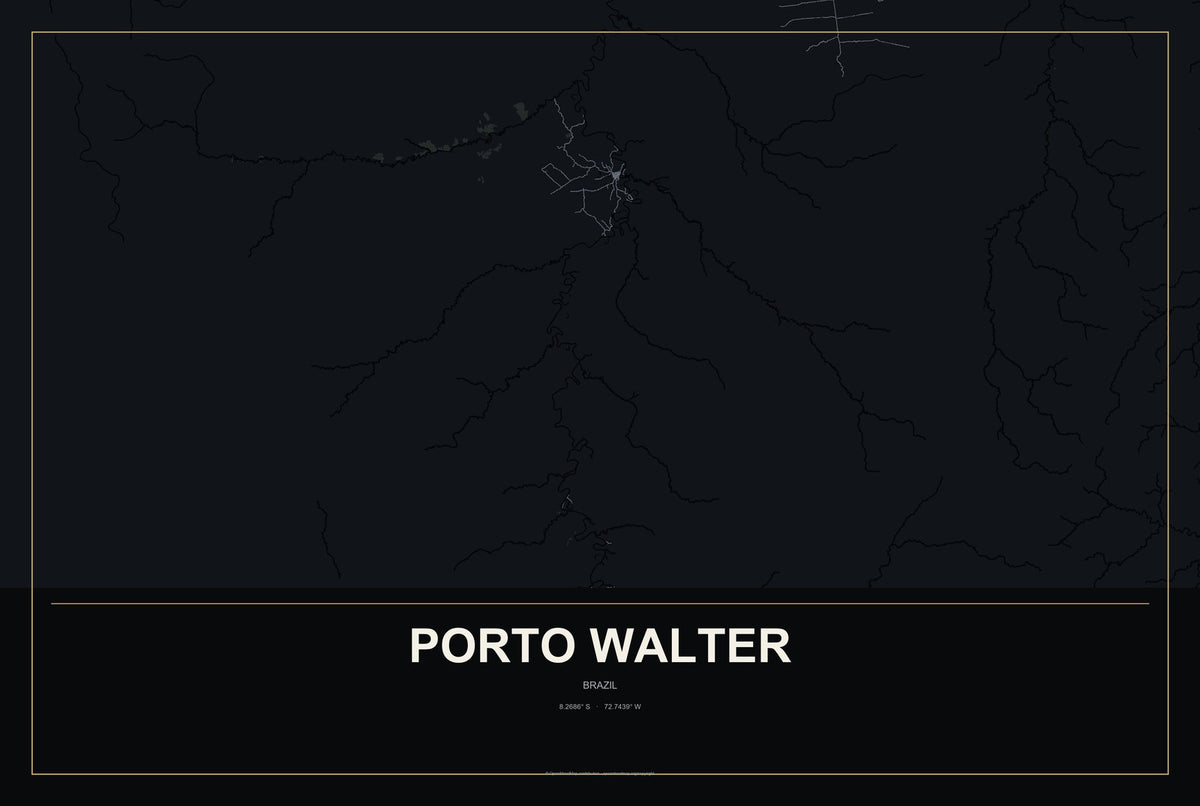 Porto Walter, Brazil City Map Aluminum Sign in Metropolitan Noir style