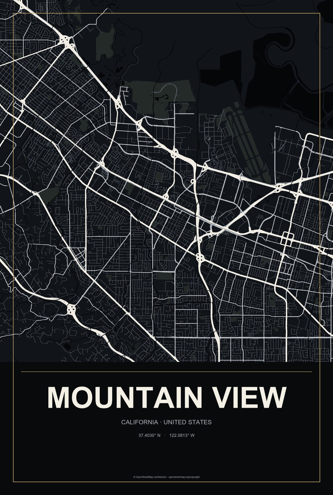 Mountain View, California City Map Aluminum Sign in Metropolitan Noir style