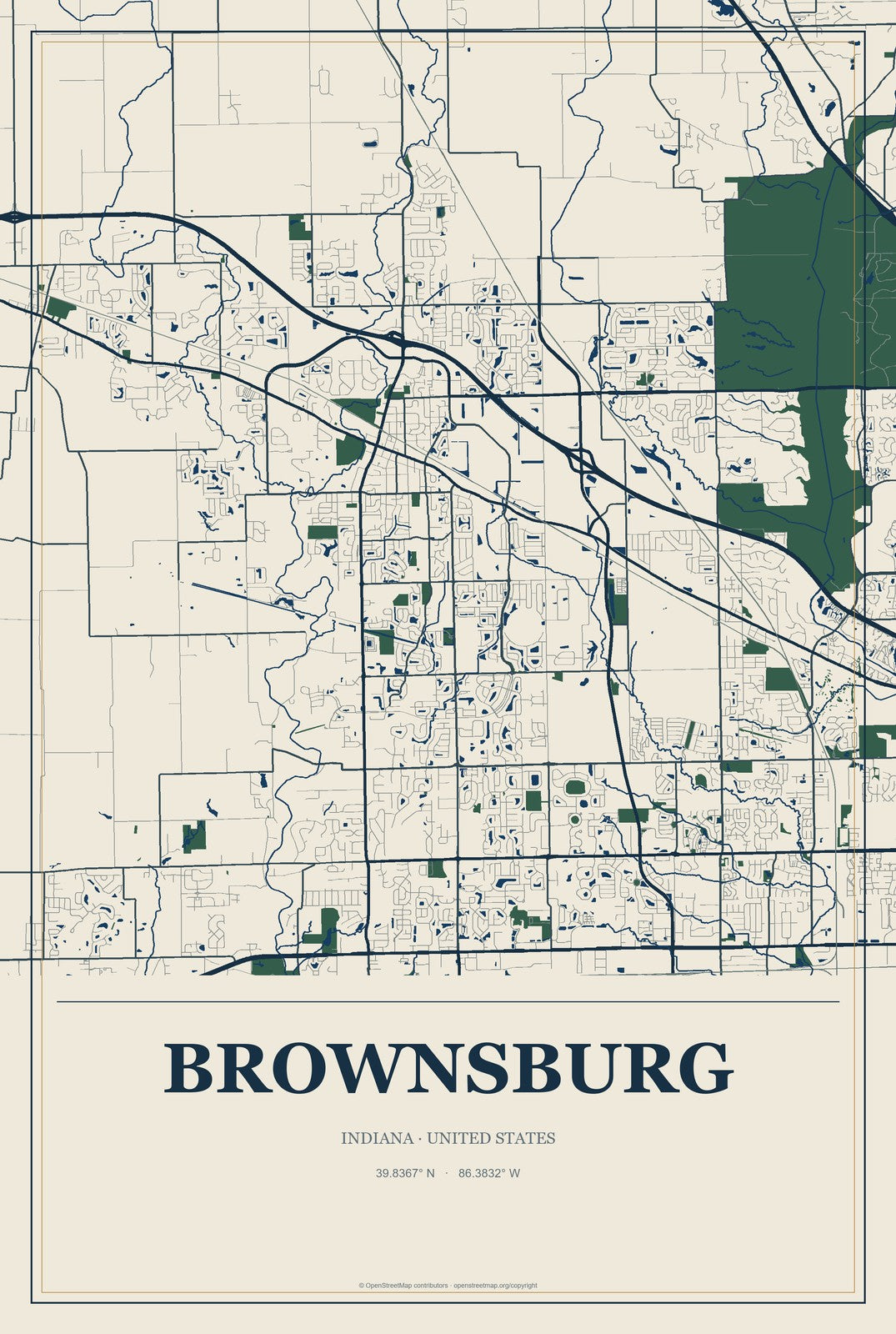 Brownsburg, Indiana City Map Aluminum Sign in Coastal Cutout style