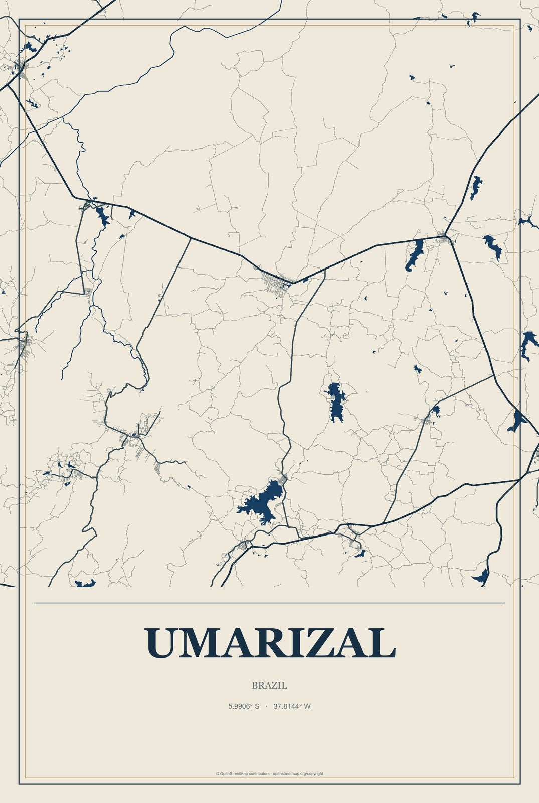Umarizal, Brazil City Map Aluminum Sign in Coastal Cutout style