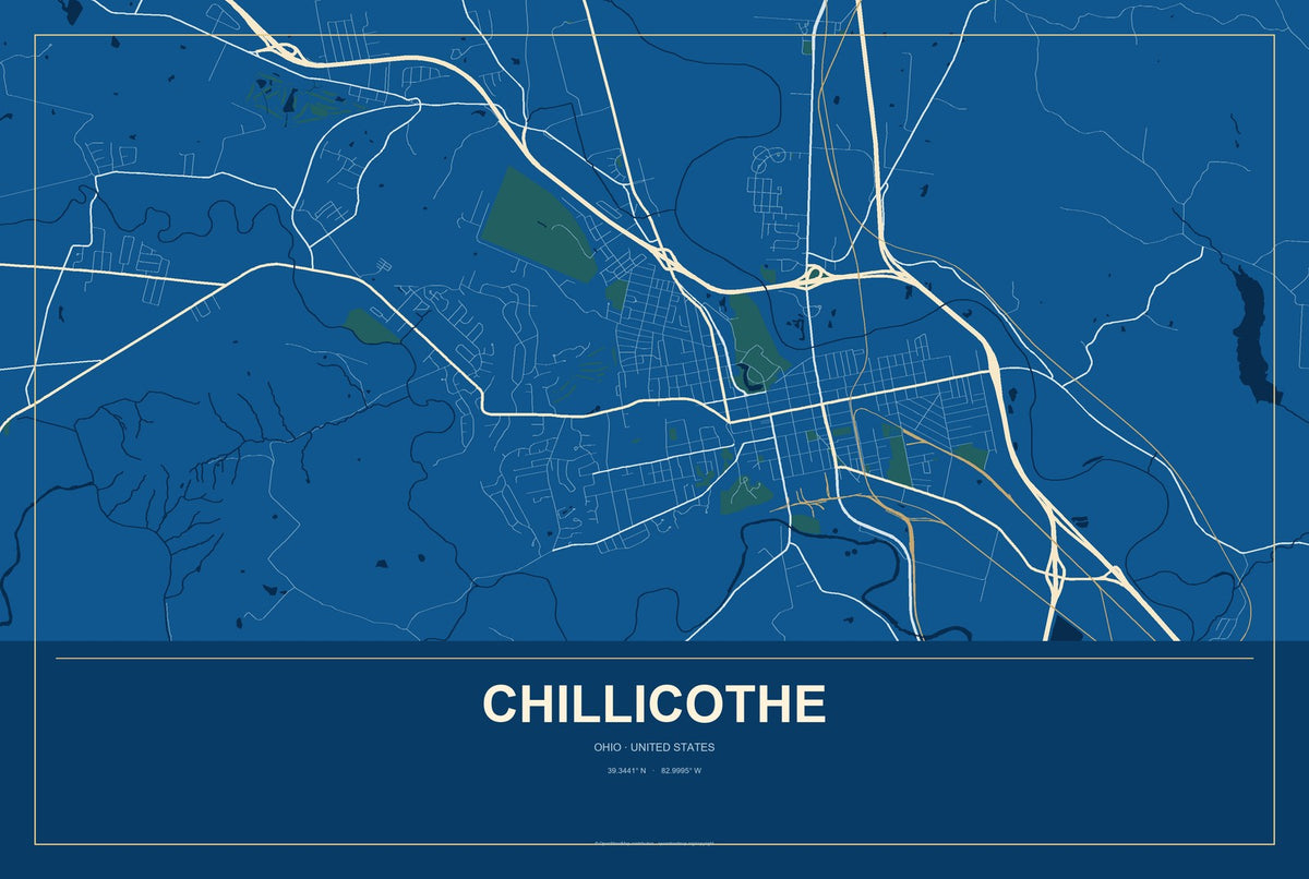 Chillicothe, Ohio City Map Aluminum Sign in Harbor Cobalt style