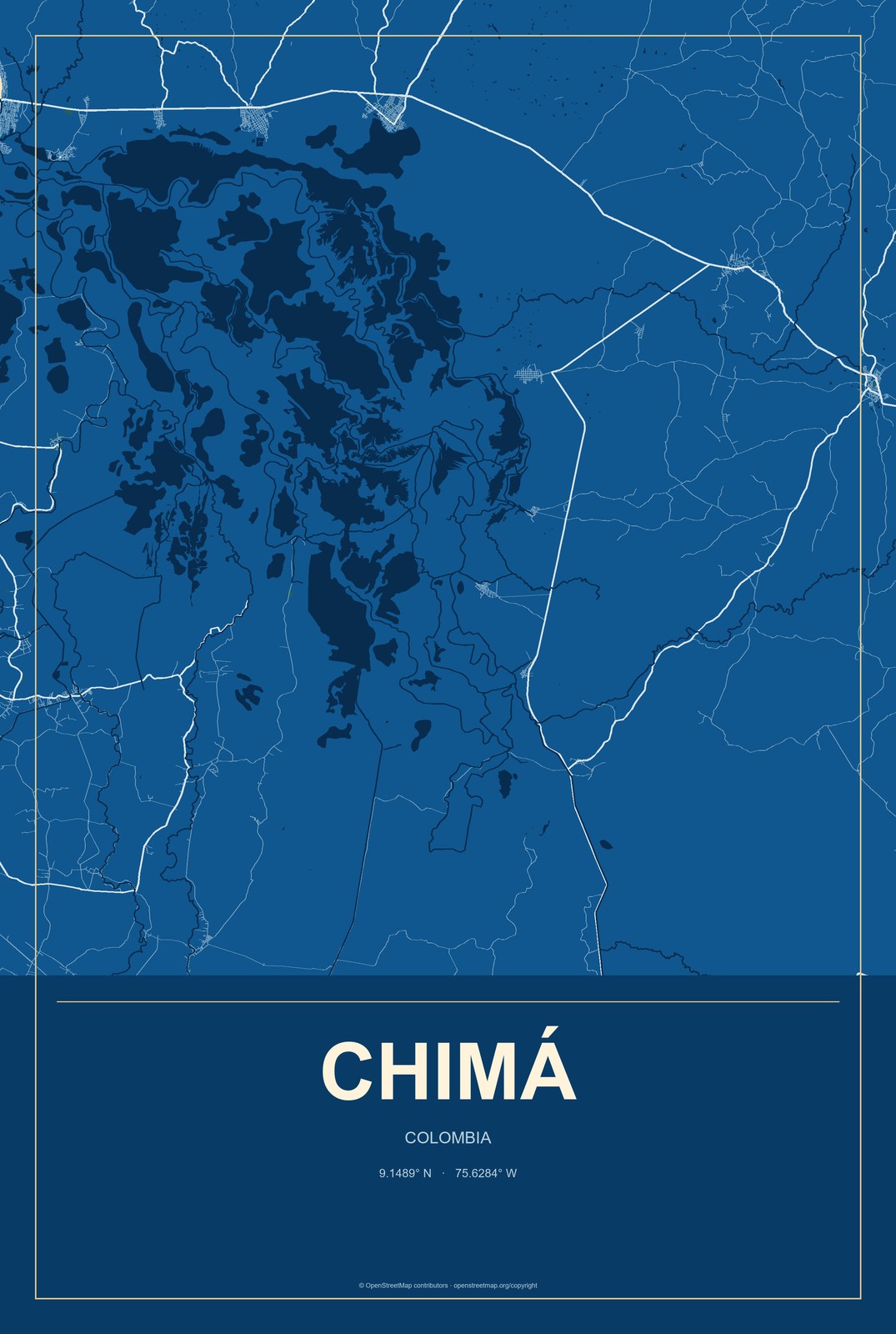 Chimá, Colombia City Map Aluminum Sign in Harbor Cobalt style