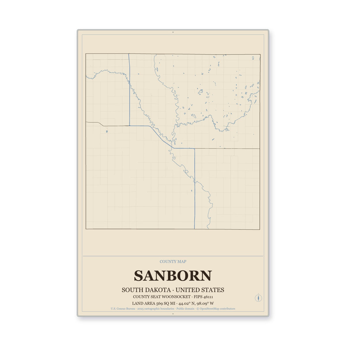 Sanborn County, South Dakota Map Aluminum Sign in Heritage Nautical style