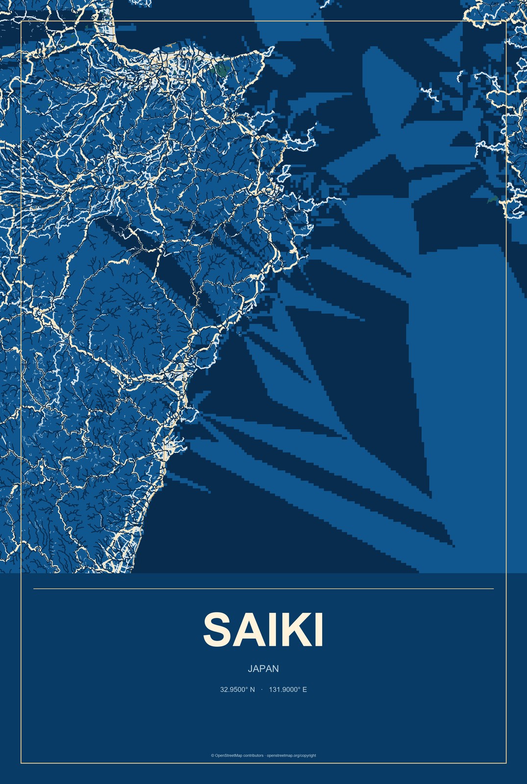 Saiki, Japan City Map Aluminum Sign in Harbor Cobalt style