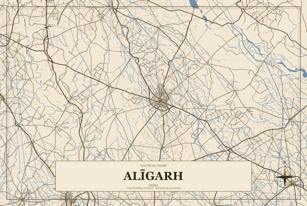 Alīgarh, India City Map Aluminum Sign in Heritage Nautical style