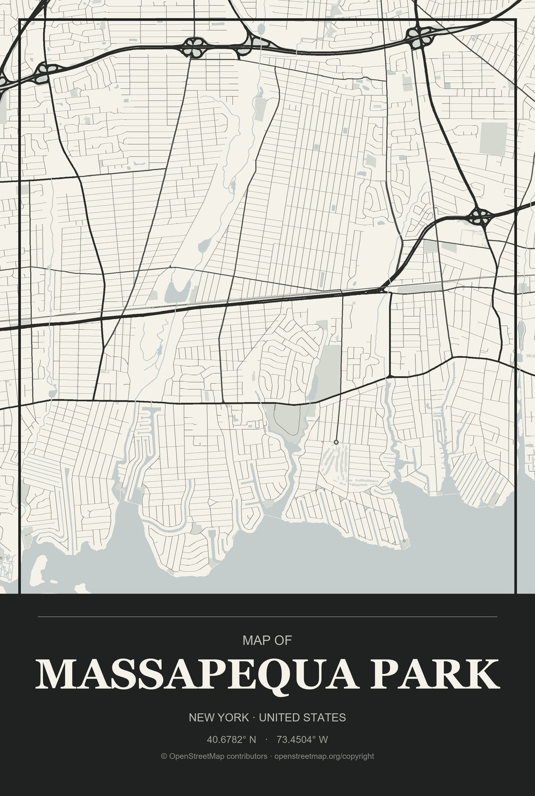 Massapequa Park, New York City Map Aluminum Sign in Museum Plaque style