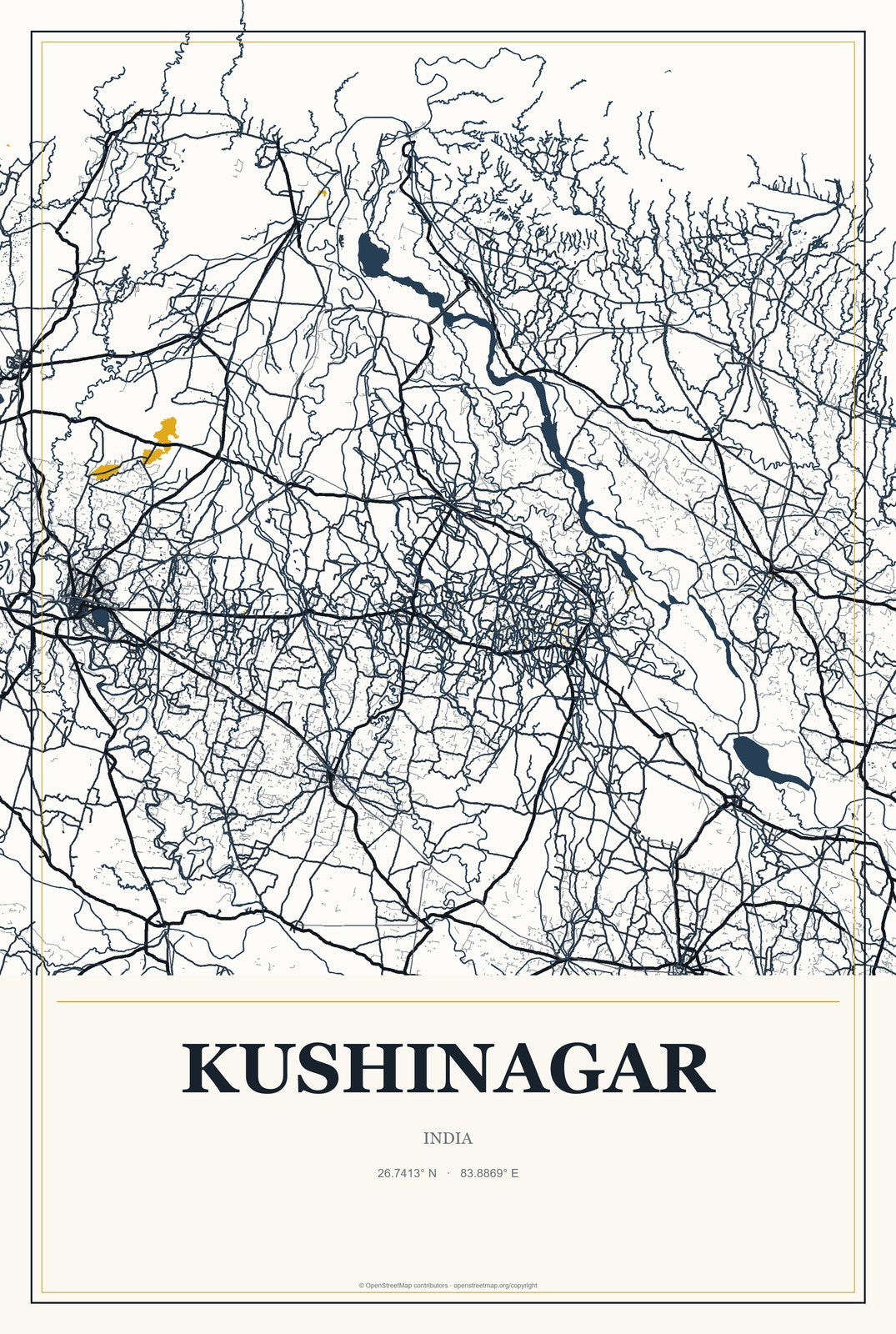 Kushinagar, India City Map Aluminum Sign in Citrine Modern style