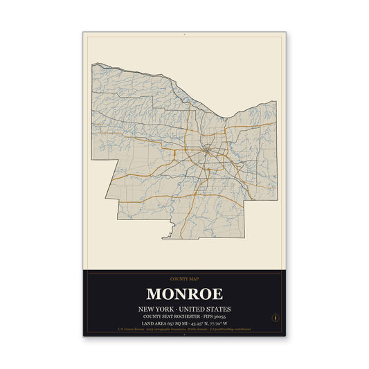 Monroe County, New York Map Aluminum Sign in Museum Plaque style
