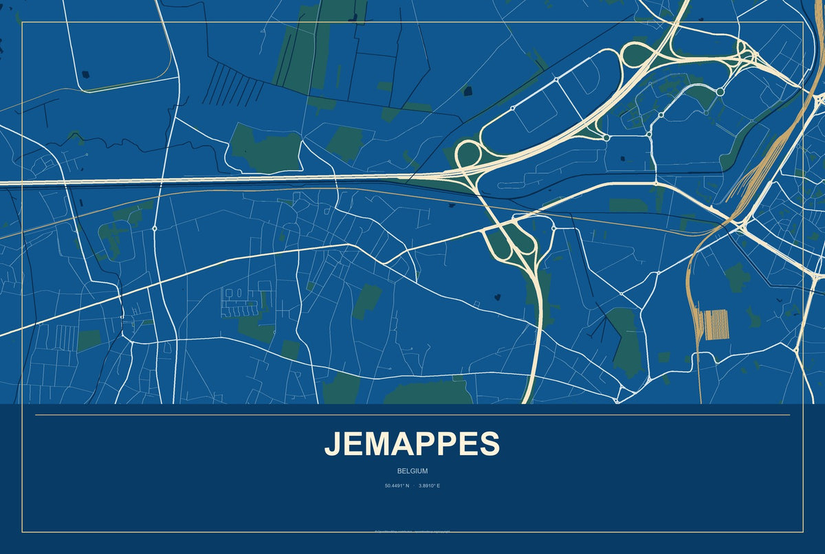 Jemappes, Belgium City Map Aluminum Sign in Harbor Cobalt style