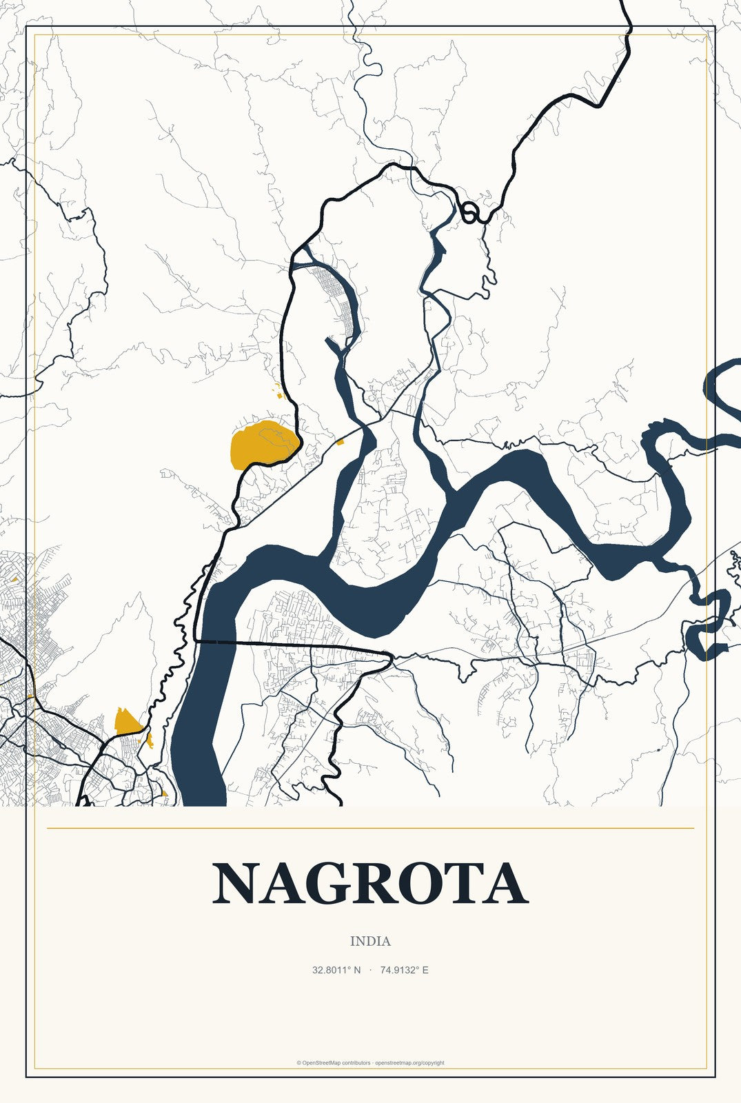Nagrota, India City Map Aluminum Sign in Citrine Modern style