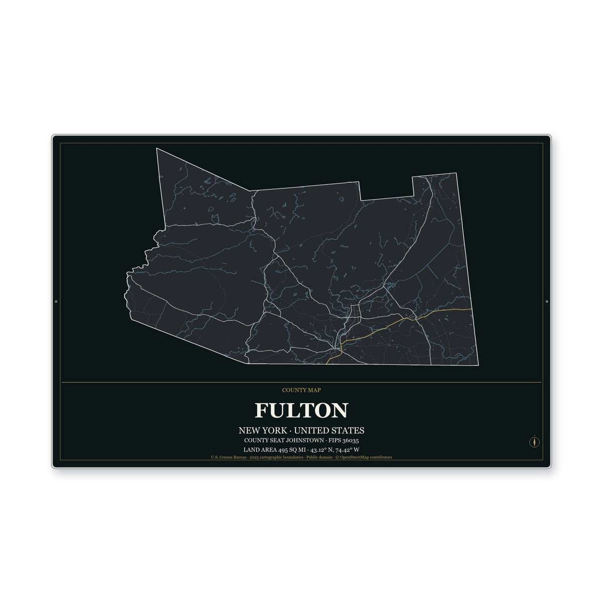 Fulton County, New York Map Aluminum Sign in Metropolitan Noir style