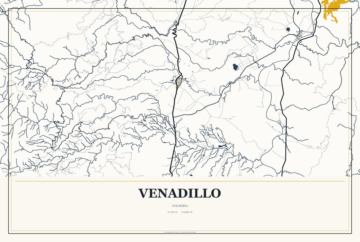 Venadillo, Colombia City Map Aluminum Sign in Citrine Modern style